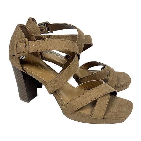 AK Anne Klein Valta Chunky Sandals Size 9.5 Block Heel Strappy Brown Crossover - Picture 9 of 9